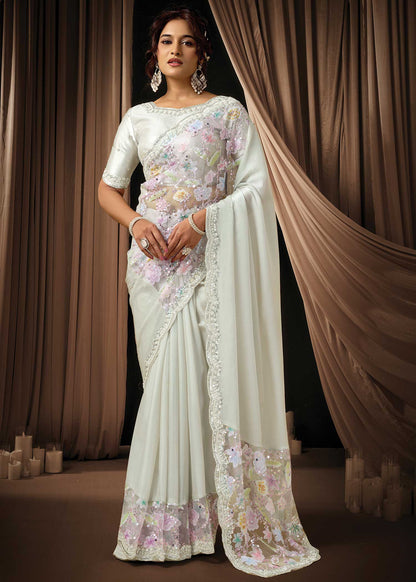 Ivory Satin Silk Saree
