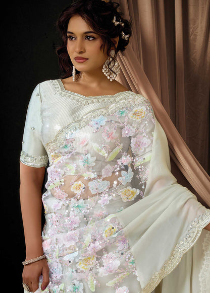 Ivory Satin Silk Saree