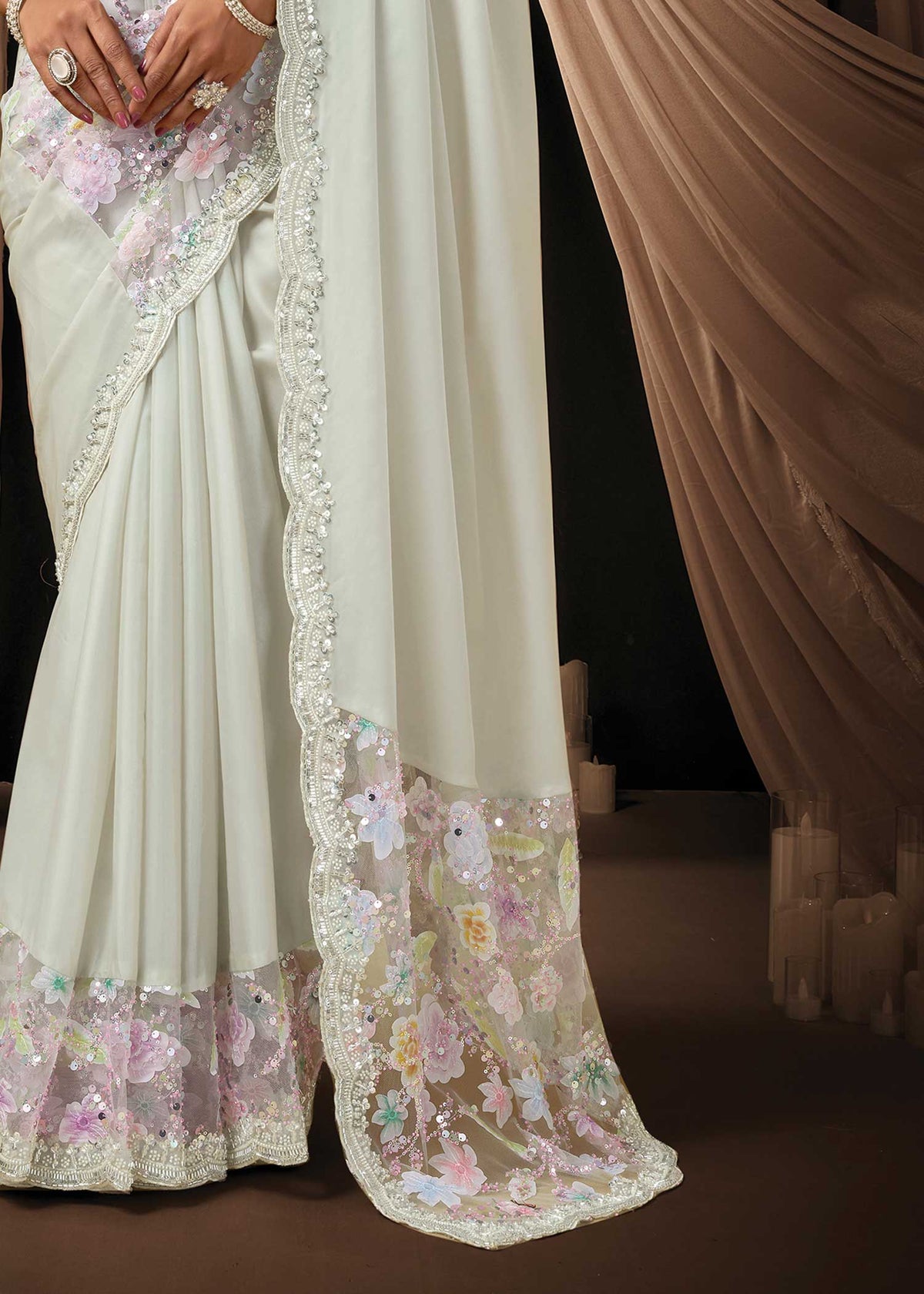 Ivory Satin Silk Saree