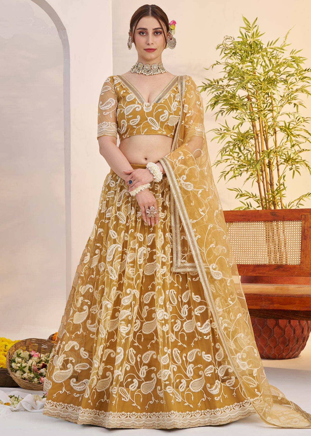 Mustard Butterfly Net Lehenga Choli