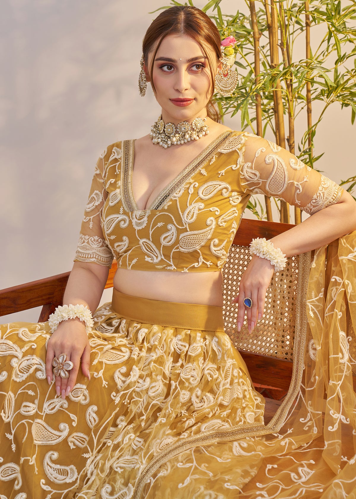 Mustard Butterfly Net Lehenga Choli