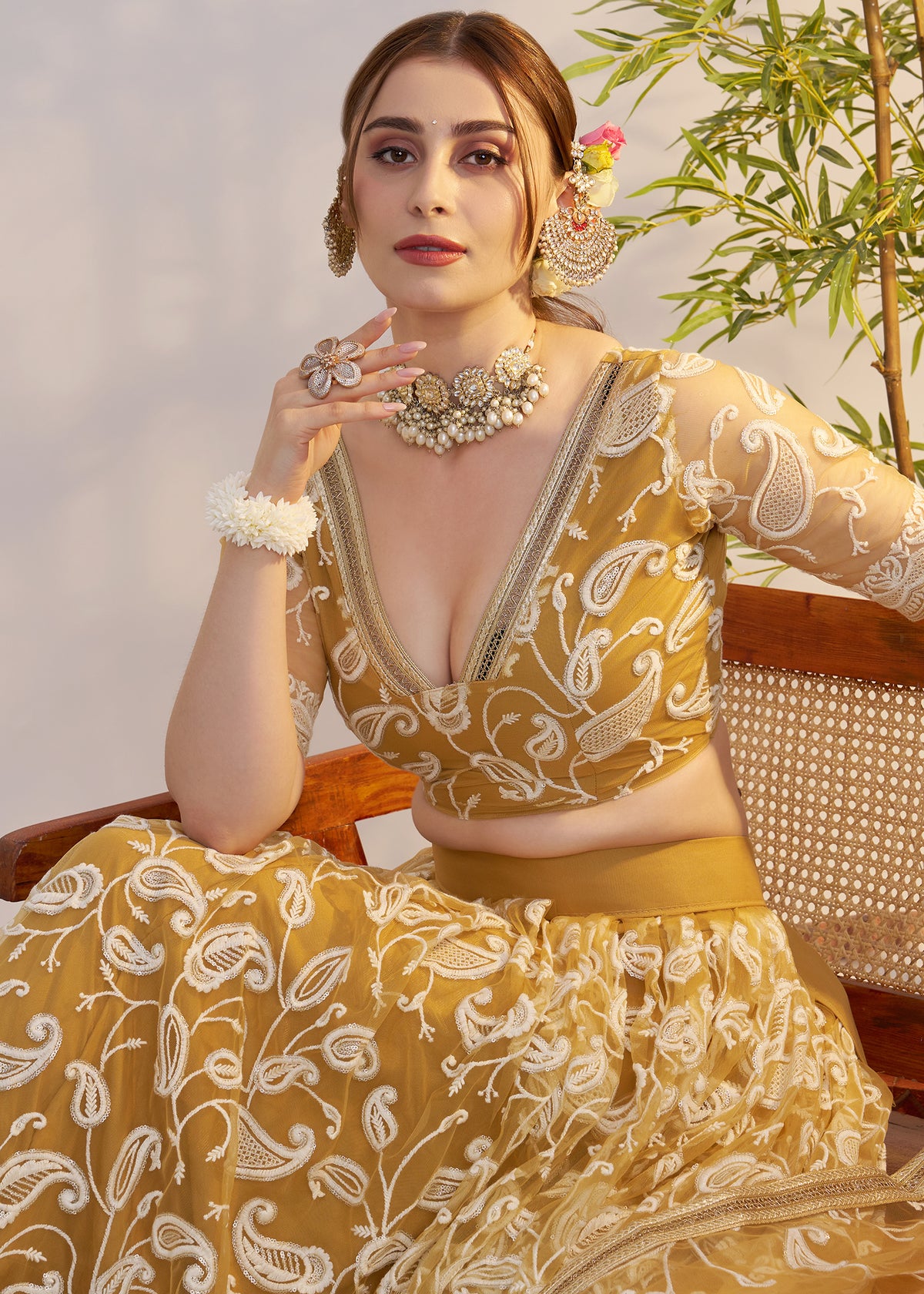 Mustard Butterfly Net Lehenga Choli