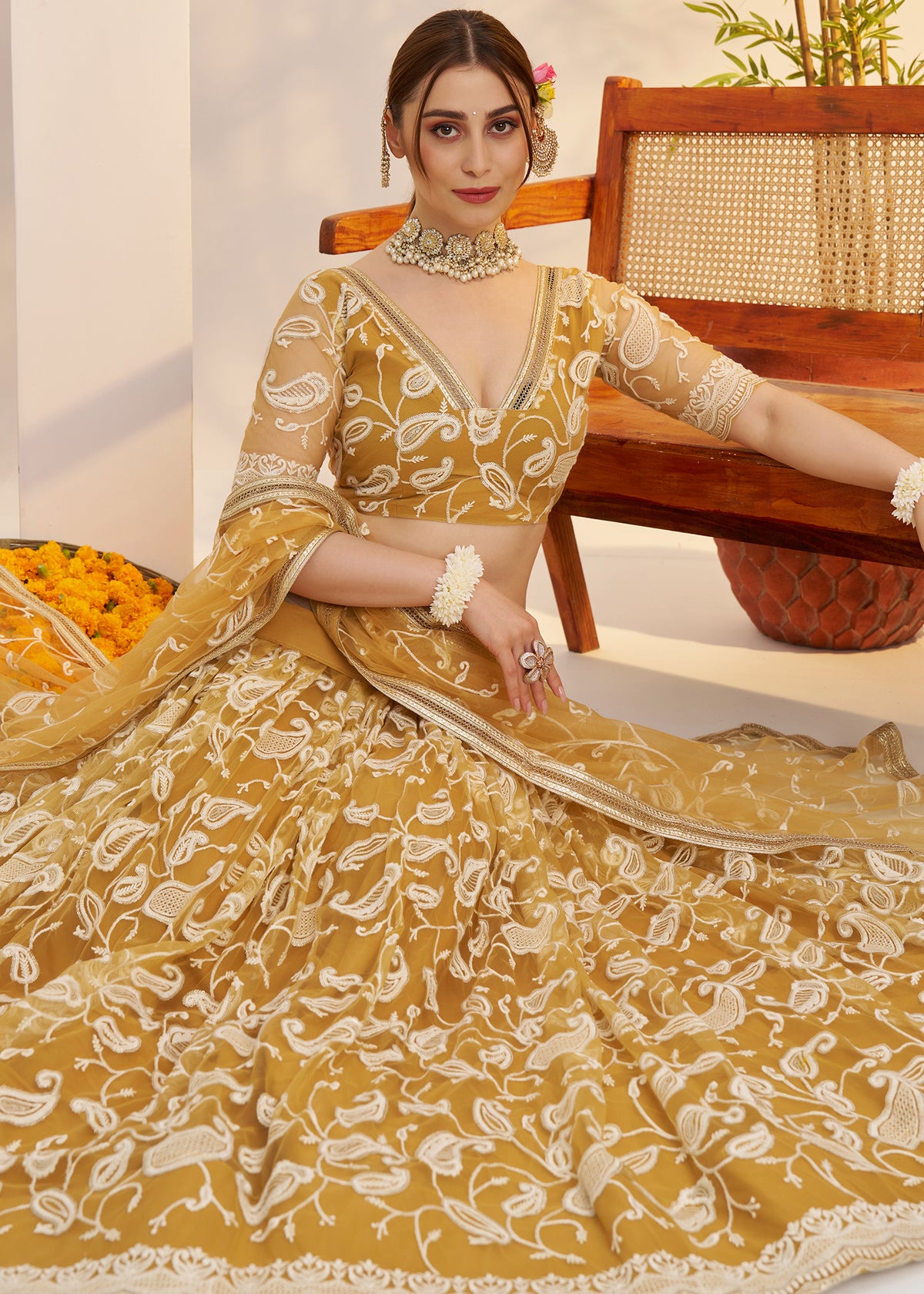 Mustard Butterfly Net Lehenga Choli