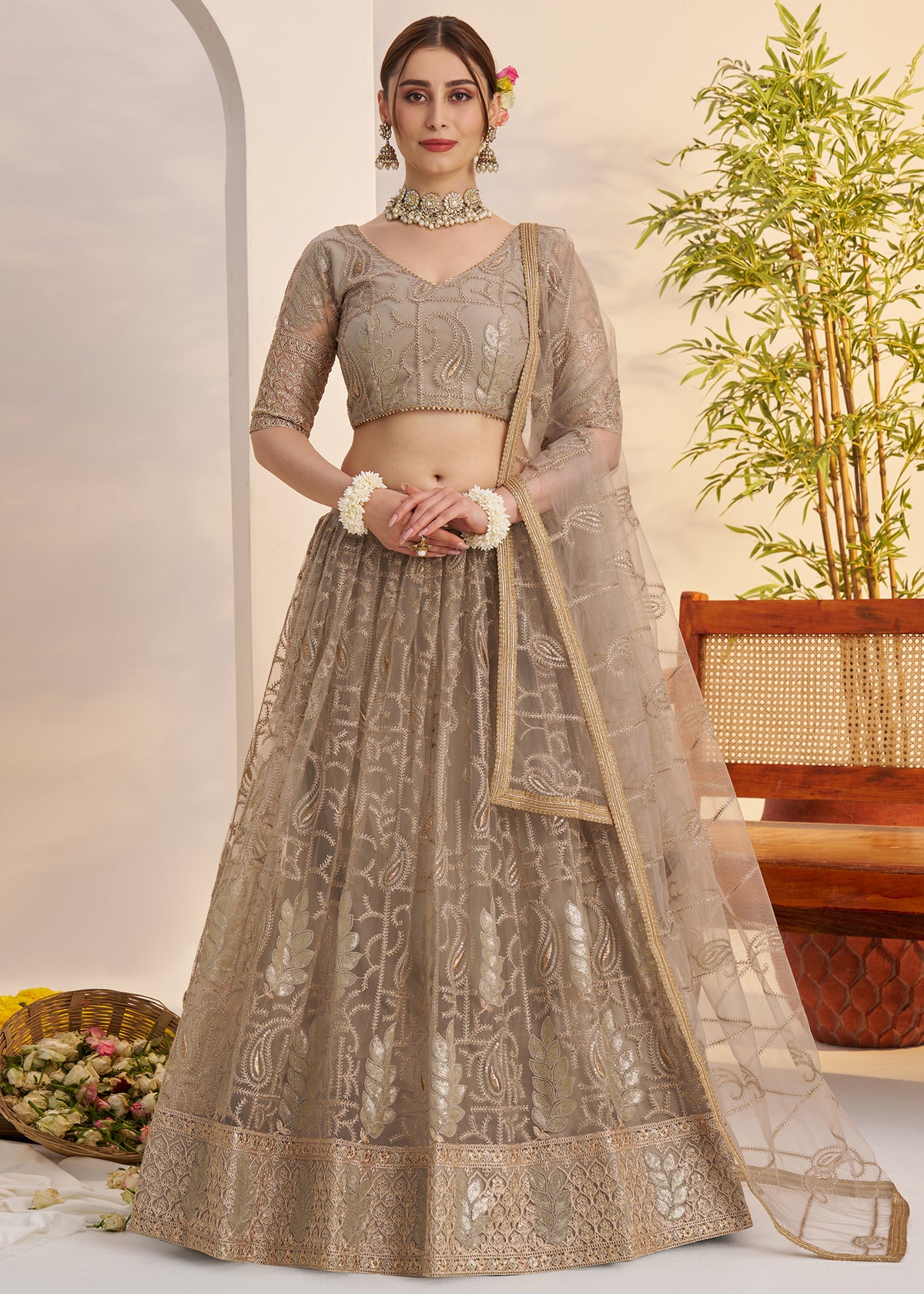 Ash Grey Butterfly Net Lehenga Choli