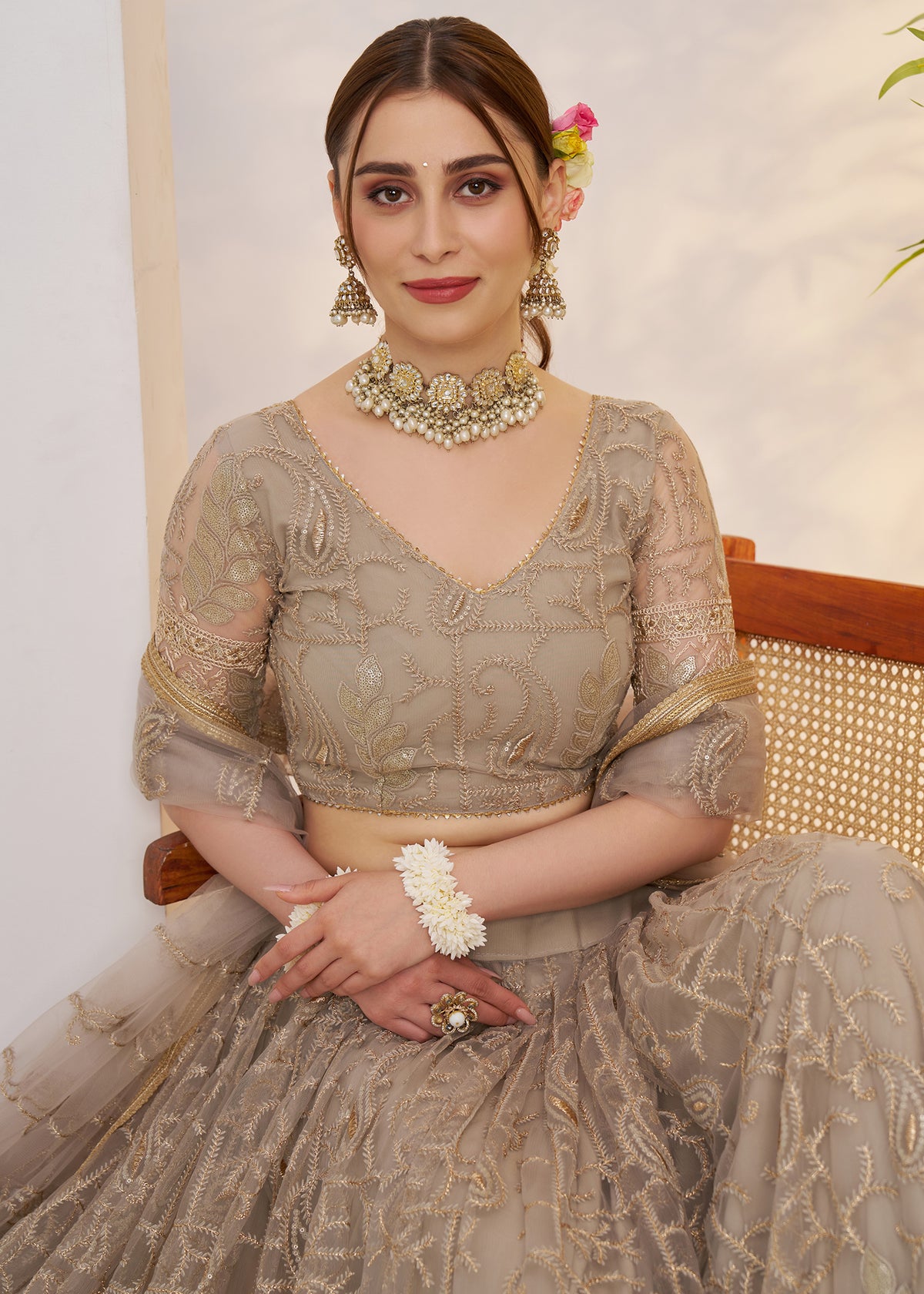 Ash Grey Butterfly Net Lehenga Choli
