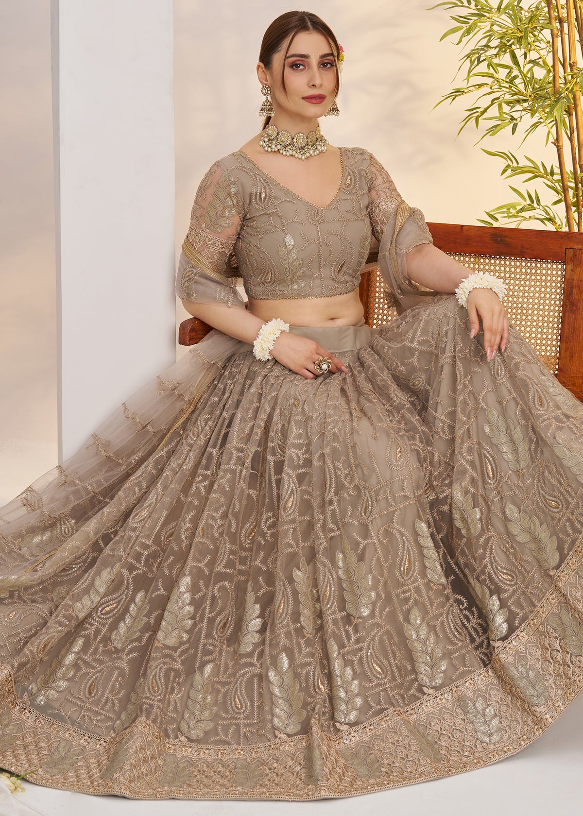 Ash Grey Butterfly Net Lehenga Choli